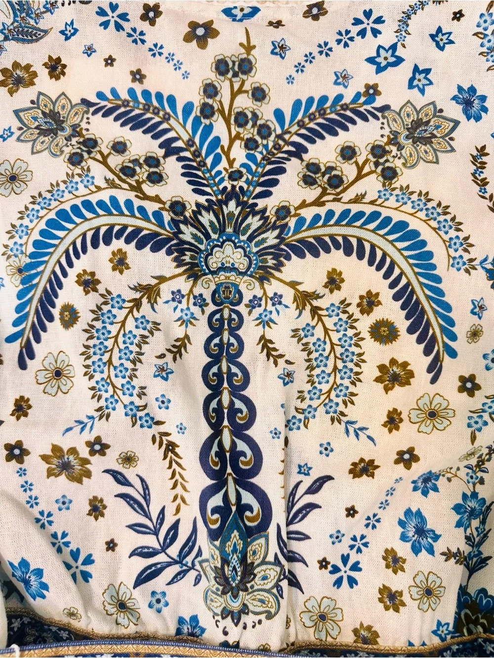 NWT Caroline Constas Romper M Linen Blnd Floral Palm White Blue Beaded Belt Chic